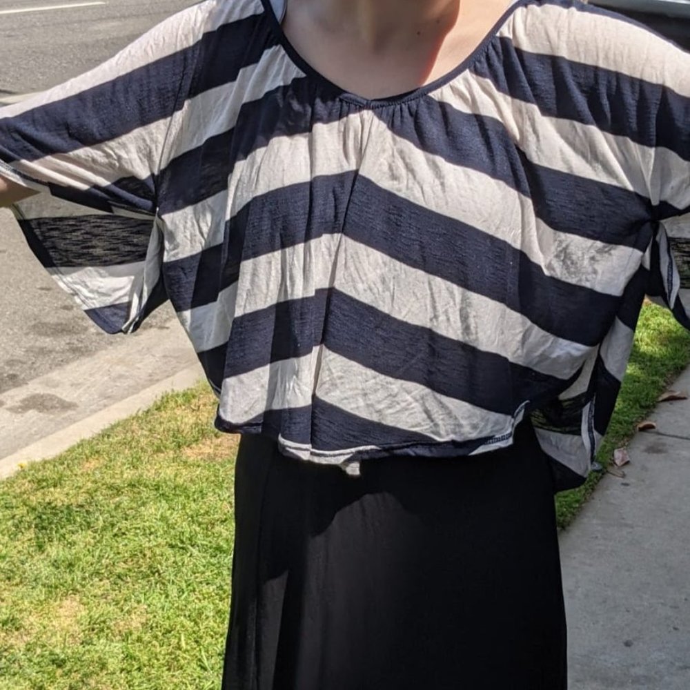 flowy sleeves, navy blue and white striped shirt